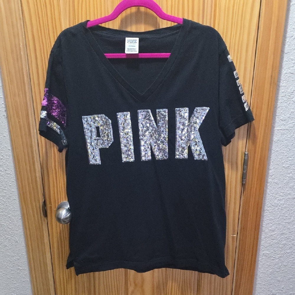 VS PINK- Black V-Neck Campus T-Shirt with Sequins PINK Logo And Sleeves
